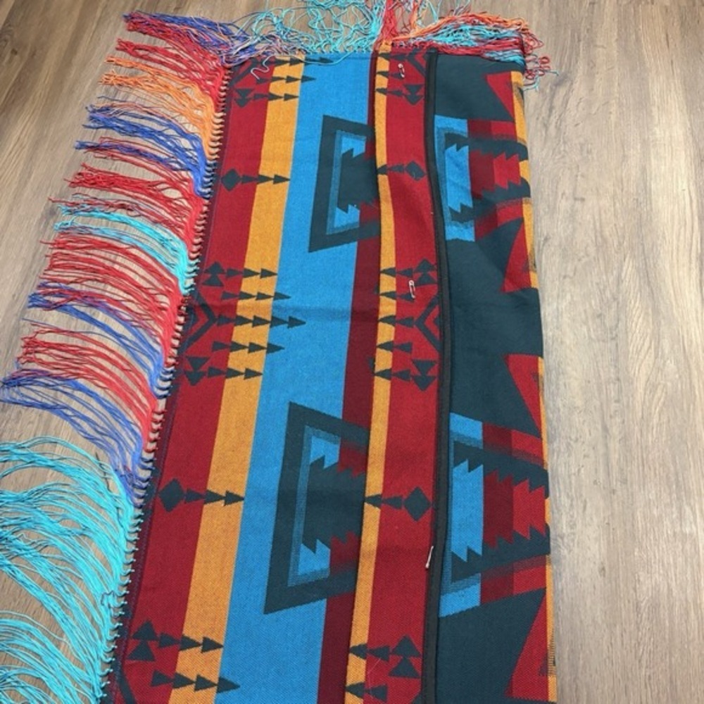 Southwestern Wool Geometric Fringed Shawl Robe Multicolor 28x78 Blue - Picture 9 of 13